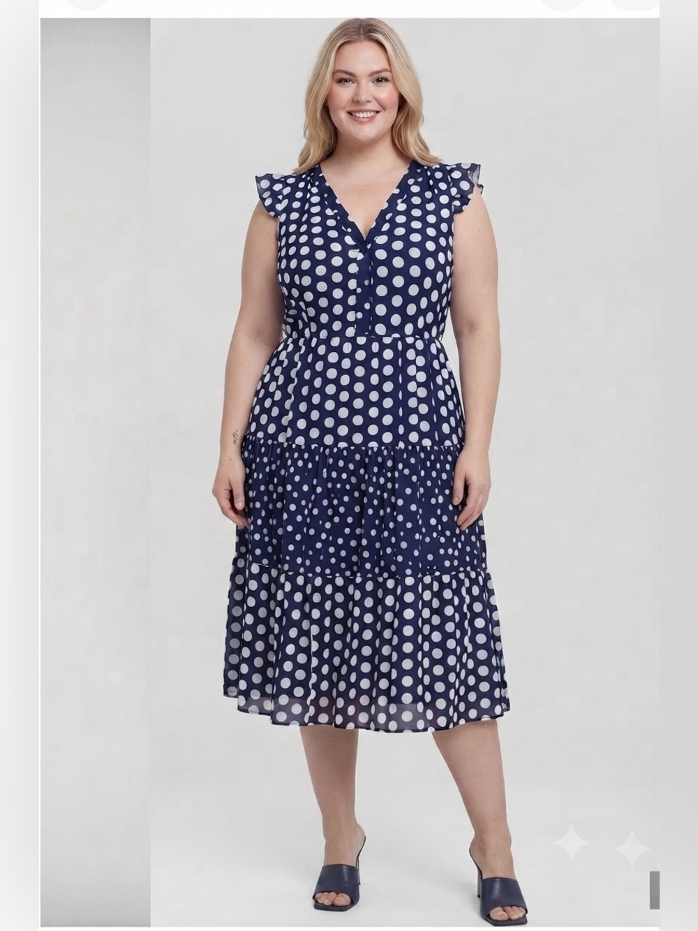 Loft Polka Dot V-Neck  Dress - Navy & White